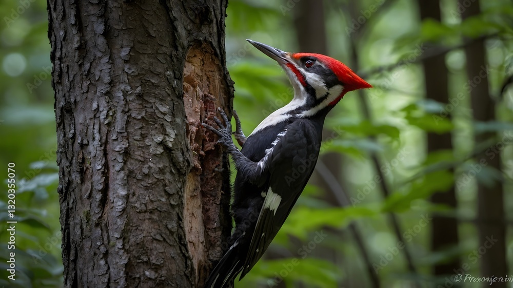 Fototapeta premium Pileated Woodpecker Hammering a Tree in the Forest, Its Dramatic Crest Standing Tall