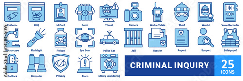 Criminal Inquiry icon set. with icon evidence, drug, id card, bomb, threat, camera, walkie talkie, thief, wanted, voice recorder, microscope, flashlight, poison, eye scan, police car, jail, dossier 