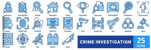 Criminal Investigation icon set. with icon detective, investigation, danger, inspection, loupe, searching, document, interrogation, fingerprint, crime scene, police, finger scan, footprint, spyware 