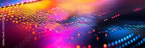 Vibrant colorful lights ripple across a reflective surface creating an abstract digital art piece. AI generated