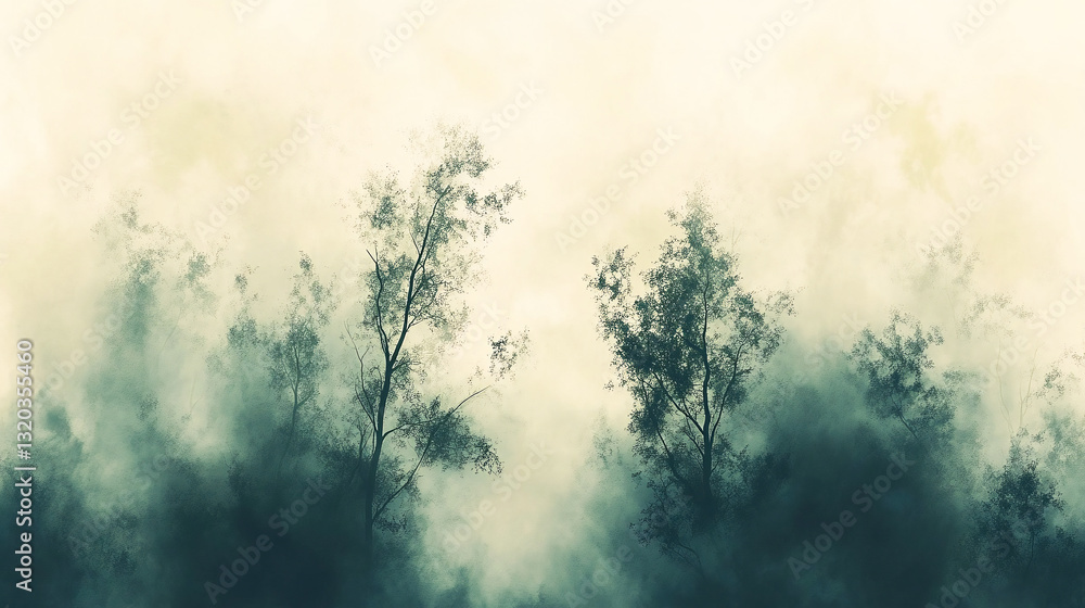 Fototapeta premium Abstract watercolor forest banner depicting green trees in fog on a beige background