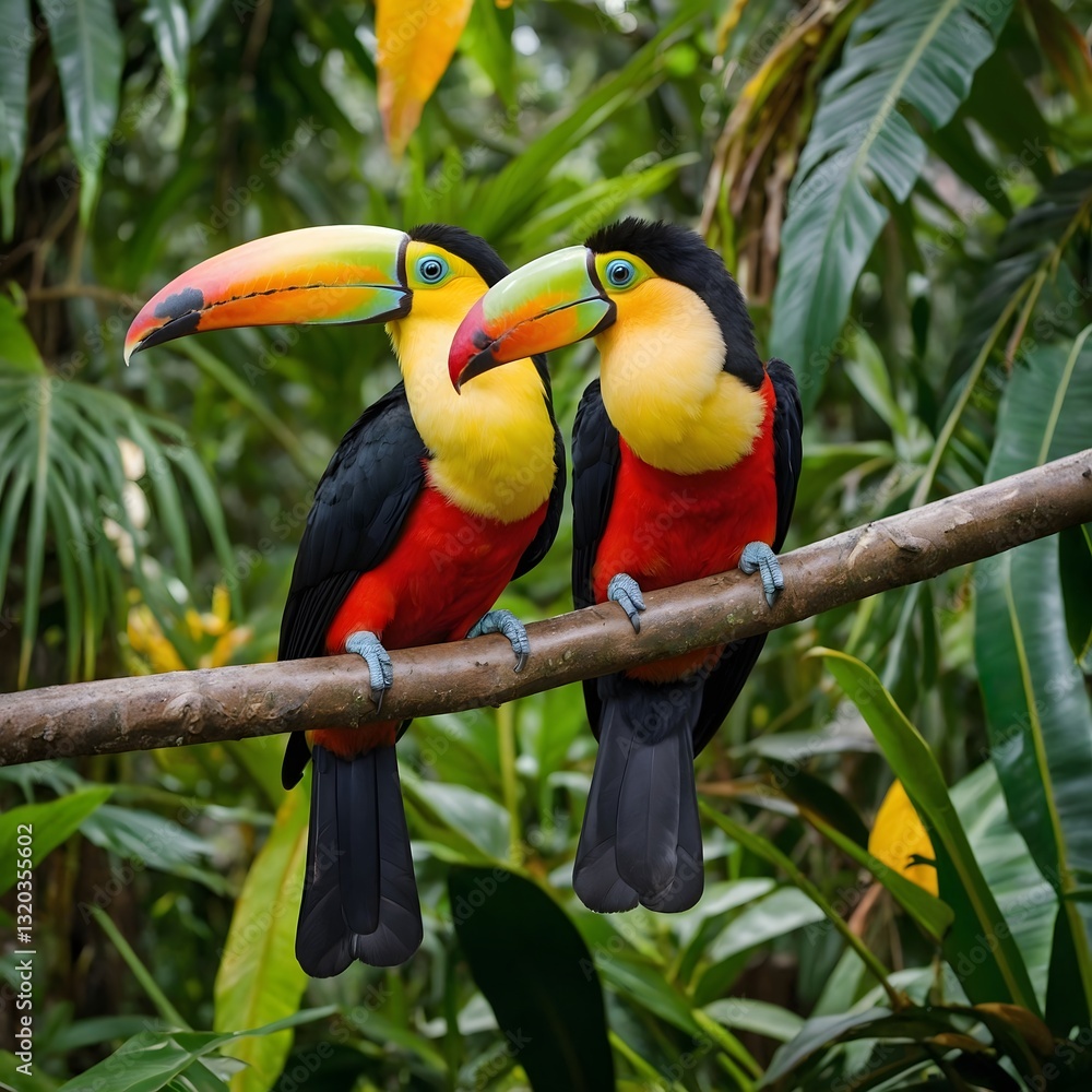 Obraz premium Pair of Toucans Perched on a Branch, Framed by a Vibrant Jungle Backdrop