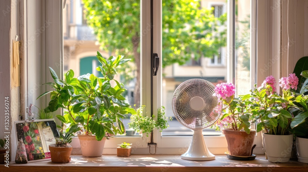 Fototapeta premium Lively Window Sill with Plants and Fan in Bright Sunlight