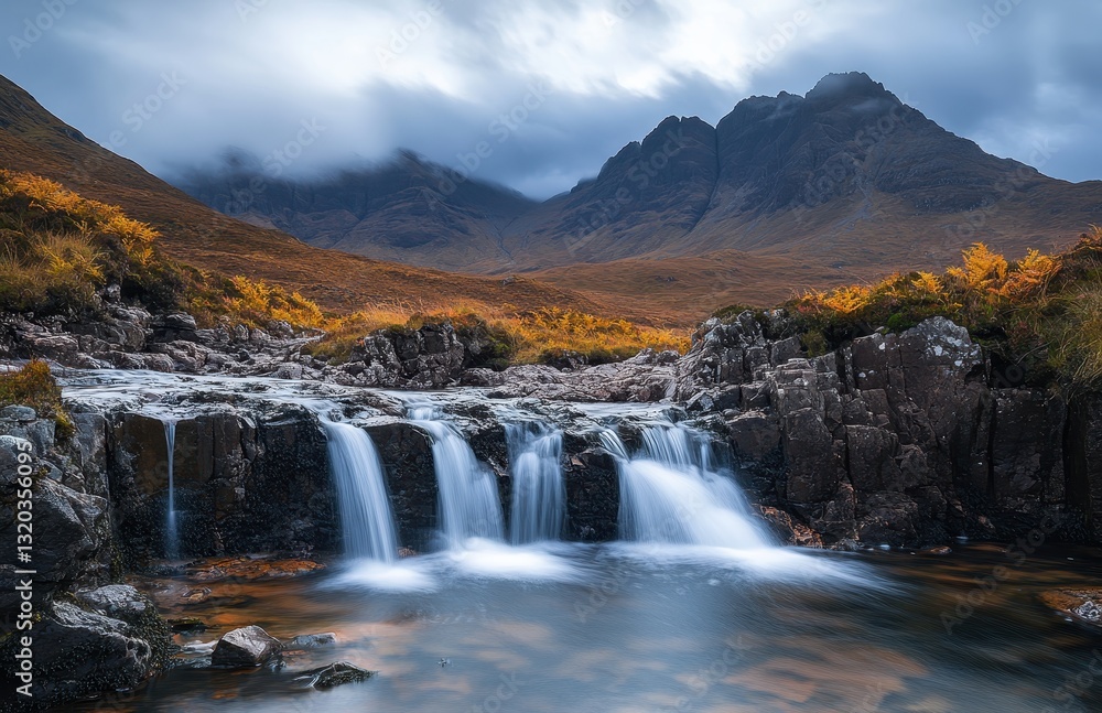 Obraz premium Tranquil Mountain Stream with Cascading Waterfalls under Dramatic Sky in Scottish Highlands, Captured in Autumn with Rich Colors and Majestic Peaks