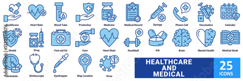 Healthcare and Medical icon set with icon Healthcare, Heart Rate, Blood Tube, Protection, Medicine, Medical Record, Syringe, Phone Call, Vaccination, Calendar, Shield, Drug, First aid kit, Care, 