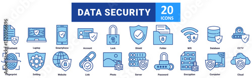 Data Security icon set with icon Document, Laptop, Smartphone, Account, Lock, Shield, Folder, Wifi, Database, CCTV, Fingerprint, Setting, Website, Link, Photo, Server, Password, Encryption, Computer 