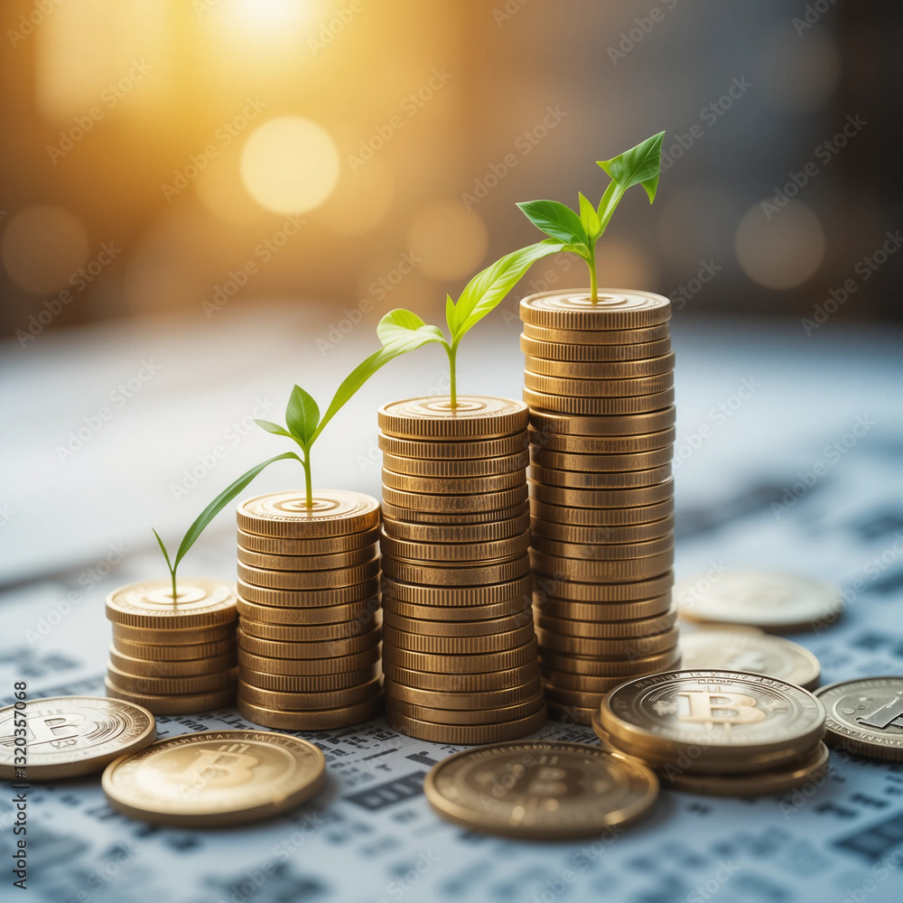 Financial profitability and cost optimisation with stack of coins, growth business concept.