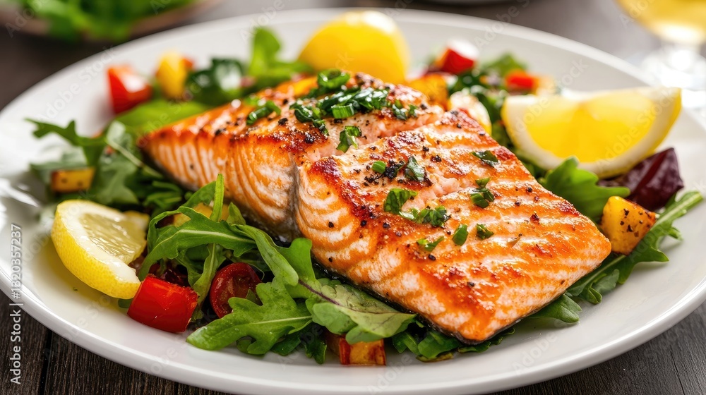 Grilled Salmon Fillet on Fresh Salad with Lemon and Herbs Garnish Grilled Salmon Fillet on Fresh Salad with Lemon and Herbs Garnish