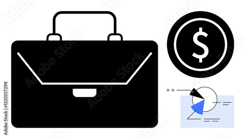 Black business briefcase, dollar sign inside circle, and blue-highlighted charts with data points. Ideal for finance, economics, data analysis, investment, strategy planning, savings corporate