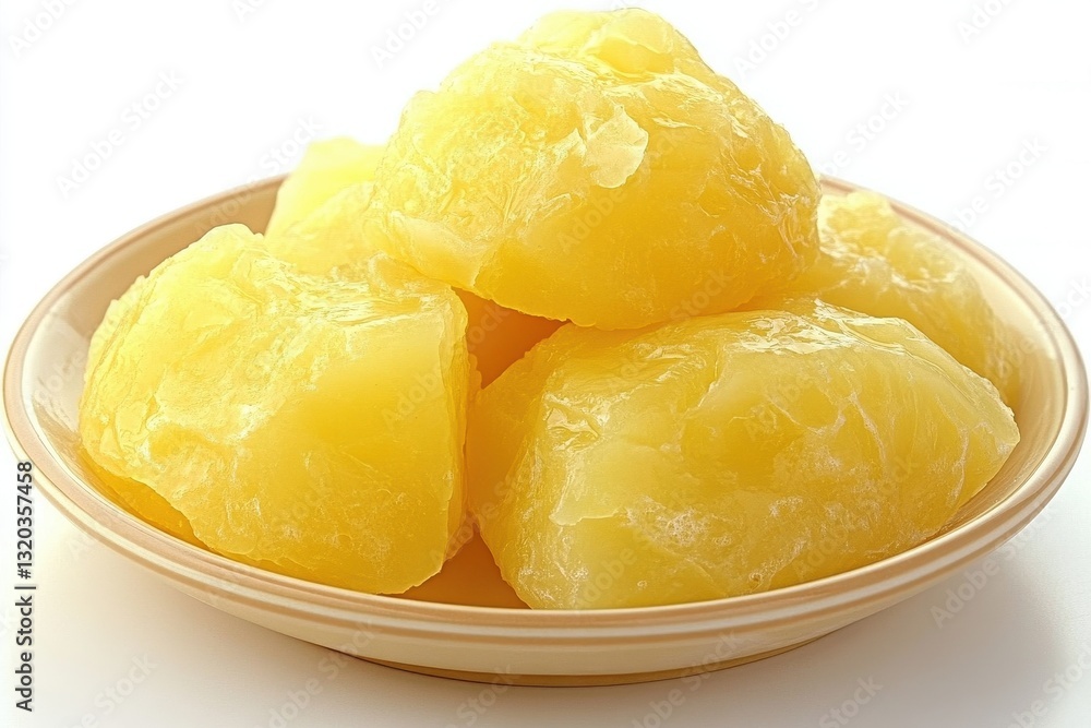 Golden-yellow blocks of solidified fat sit on a plate. Perfect for illustrating cooking, food, or ingredients. Golden-yellow blocks of solidified fat sit on a plate. Perfect for illustrating cooking, food, or ingredients.