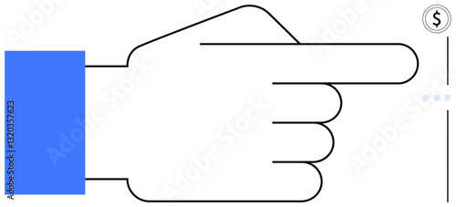 Hand outlined in minimal style with blue sleeve pointing toward a dollar sign on a vertical bar. Ideal for finance, investment, guidance, payment, transactions, decision-making, minimalistic design