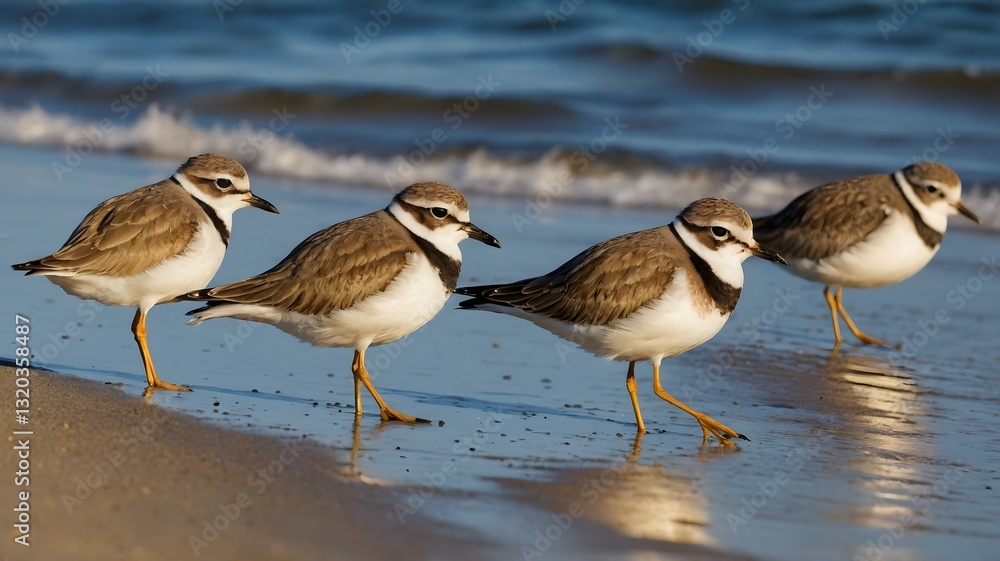 Fototapeta premium Group of Plovers Foraging on the Shoreline, Bathed in Soft Sunlight with Gentle Waves