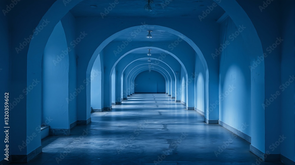 Dark blue lit hallway with arched ceilings and floors. Dark blue lit hallway with arched ceilings and floors.