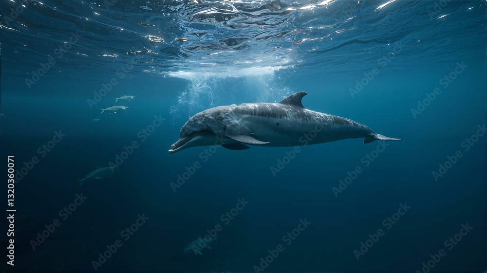 Dolphins swimming in clear blue waters with sunlight shining through. Dolphins swimming in clear blue waters with sunlight shining through.