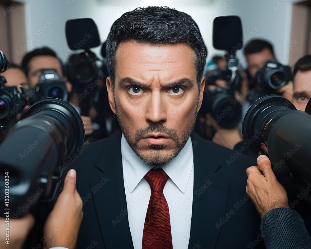 Businessman Stands Confidently Amidst Press and Camera Lights Businessman Stands Confidently Amidst Press and Camera Lights