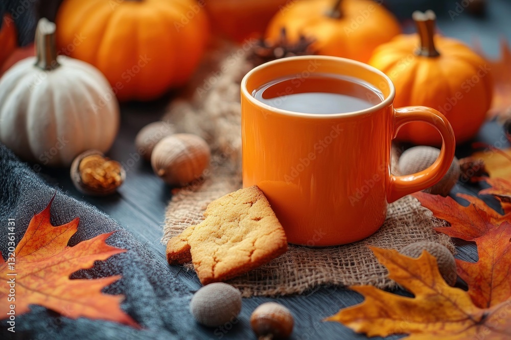 Cozy Autumn Still Life with Orange Mug Hot Drink Cookies Pumpkins Acorns and Leaves Cozy Autumn Still Life with Orange Mug Hot Drink Cookies Pumpkins Acorns and Leaves