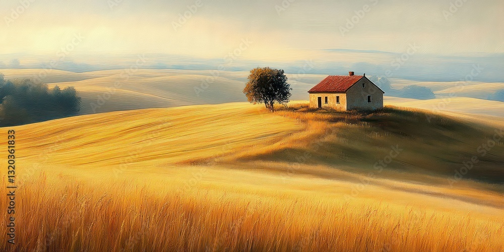 Serene Countryside Landscape with Farmhouse and Golden Fields in Morning Light Serene Countryside Landscape with Farmhouse and Golden Fields in Morning Light