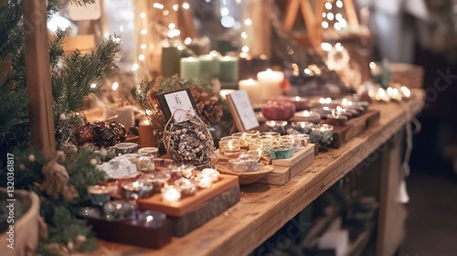 Cozy Christmas Market Scene with Candles and Festive Decorations