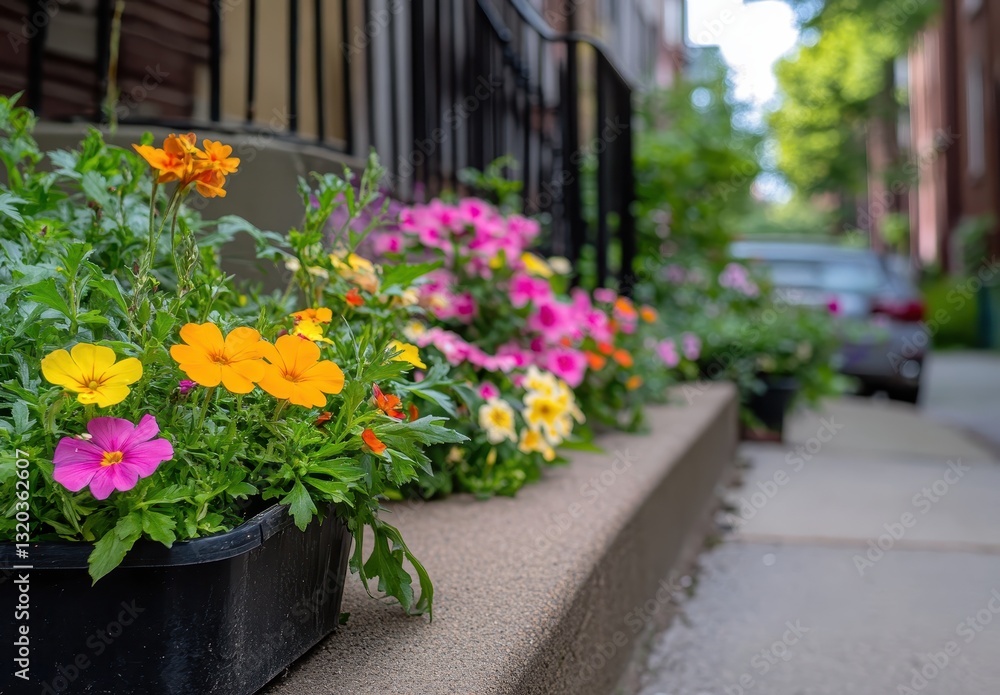 Fototapeta premium Vibrant Flower Bed on City Sidewalk with Colorful Blooms in Planters, Urban Gardening, Summer Sunshine, and Lush Greenery Enhancing Neighborhood Aesthetics