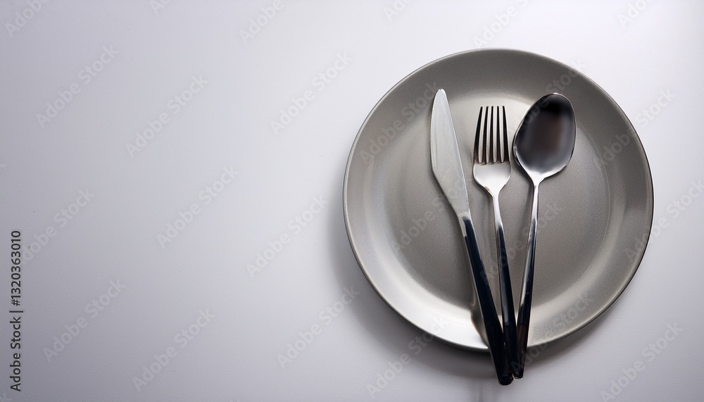 Spoon, fork and knife in a plate with white background, copy space. Generated image