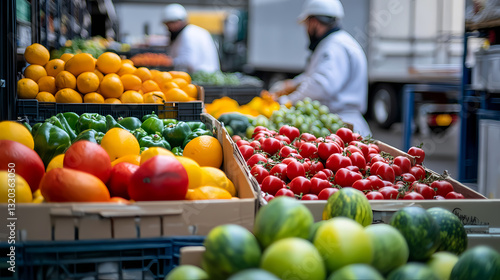 Wallpaper Mural Fresh Produce Market: Capturing the vibrant essence of a bustling farmers market, showcasing colorful displays of fresh fruits and vegetables, with vendors in the background. Torontodigital.ca