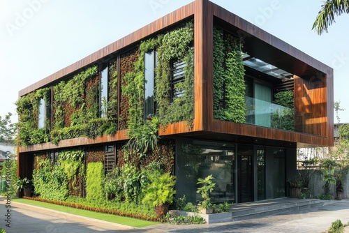 Modern building with lush green walls. Ideal for eco-friendly, sustainable living articles.