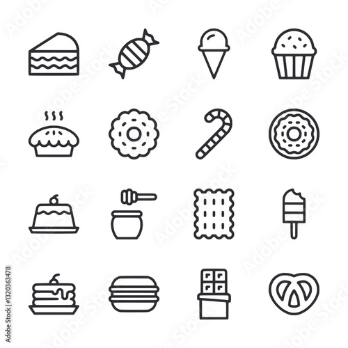 A set of food icons including donuts, cakes, and ice cream