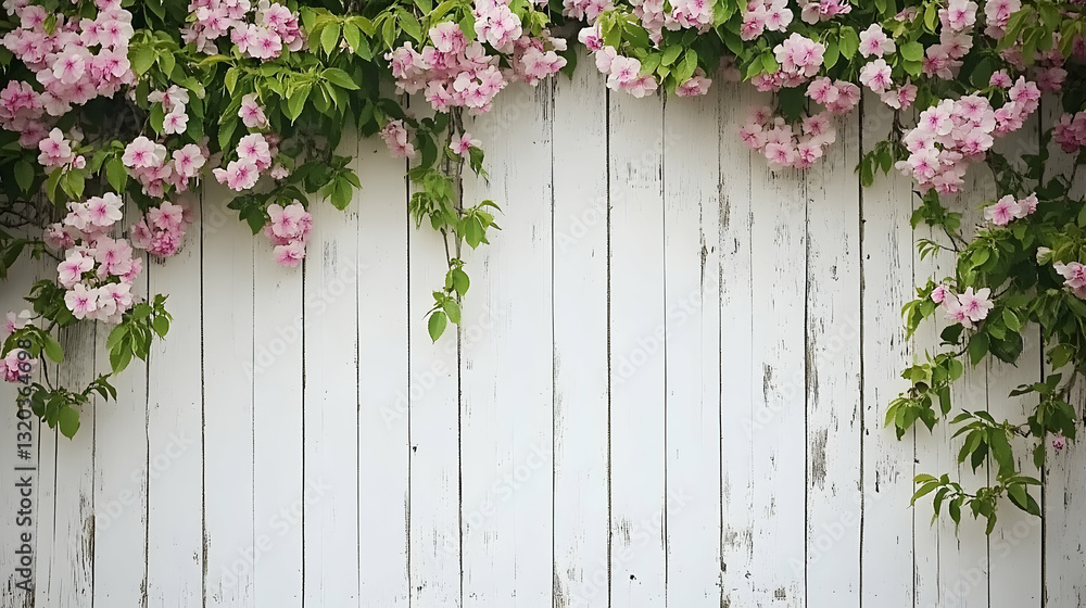 Delicate pink flowers cascading over a rustic white wooden fence, creating a charming spring or summer backdrop. Delicate pink flowers cascading over a rustic white wooden fence, creating a charming spring or summer backdrop.
