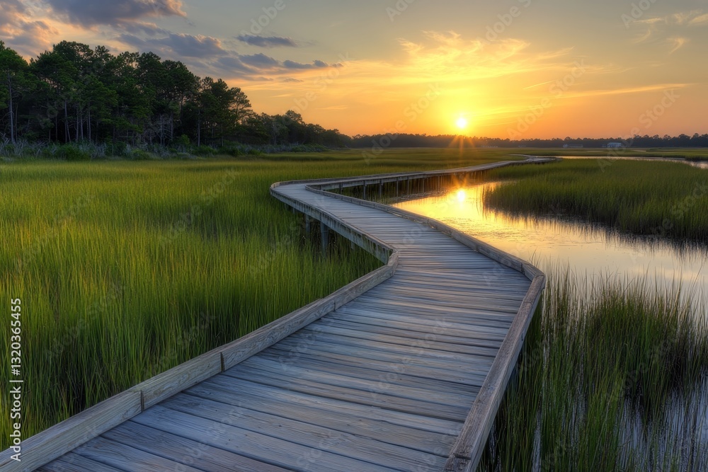 Coastal marsh sunset  a boardwalk experience connecting visitors with nature s serenity and wildlife