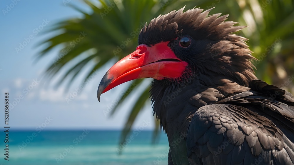 Obraz premium Majestic Frigatebird Resting on Cliff side as the Sun Sets Over the Beach
