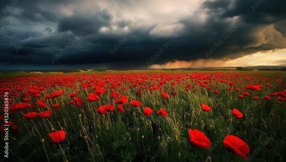 Obraz premium Vibrant Red Poppies Under Dramatic Dark Clouds in a Scenic Field Landscape with Approaching Storm and Grassland Background