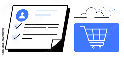 Profile checklist with user details next to a shopping cart symbol under a cloud and sun. Ideal for e-commerce, customer management, profile creation, shopping flow, online purchase, business tools