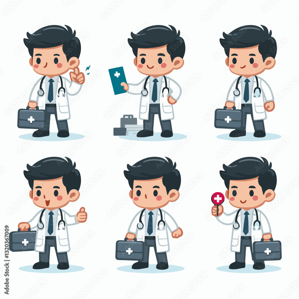Cartoonish doctor illustrations featuring various poses and medical elements Cartoonish doctor illustrations featuring various poses and medical elements