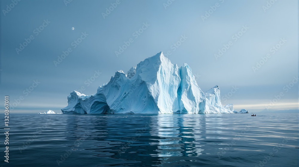 Iceberg surrounded by ocean with two boats visible. Iceberg surrounded by ocean with two boats visible.
