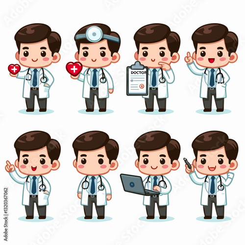 Variety of cartoon medical doctor characters showcasing different activities
