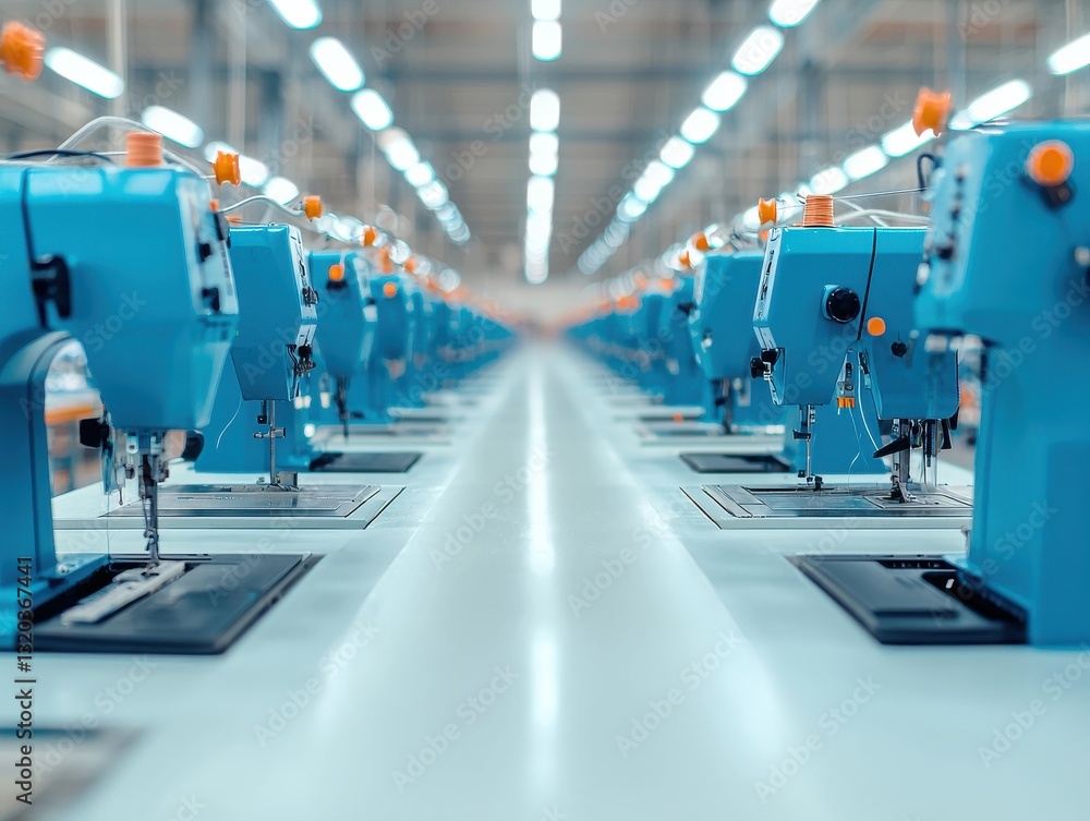 Obraz premium A row of blue sewing machines in a modern textile factory interior.