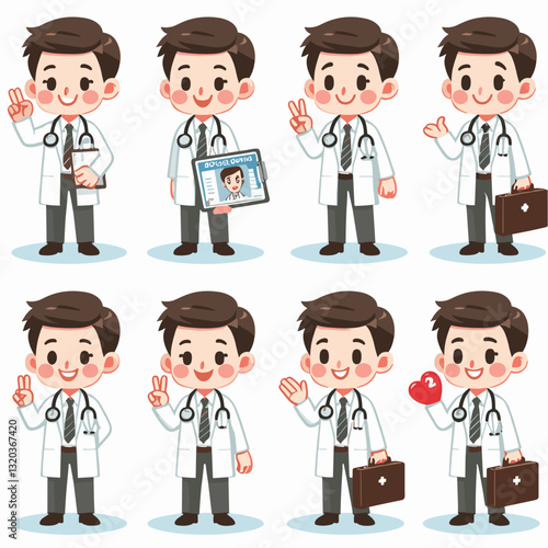 Cartoon doctor character illustration, diverse gestures and expressions in set