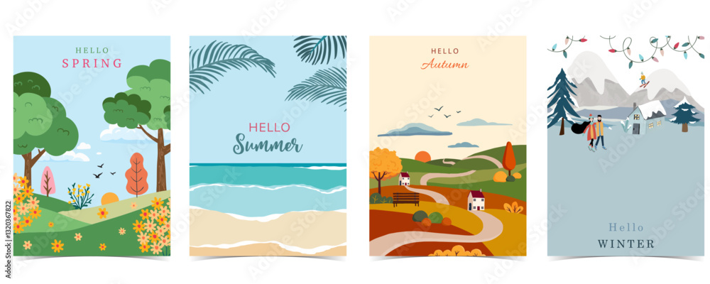 Fototapeta premium Four season holiday landscape background with mountain and tree for a4 vertical design