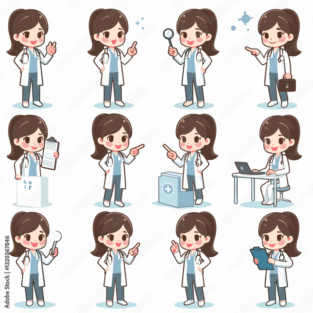 Collection of cute cartoon doctors in diverse poses, representing medical roles Collection of cute cartoon doctors in diverse poses, representing medical roles