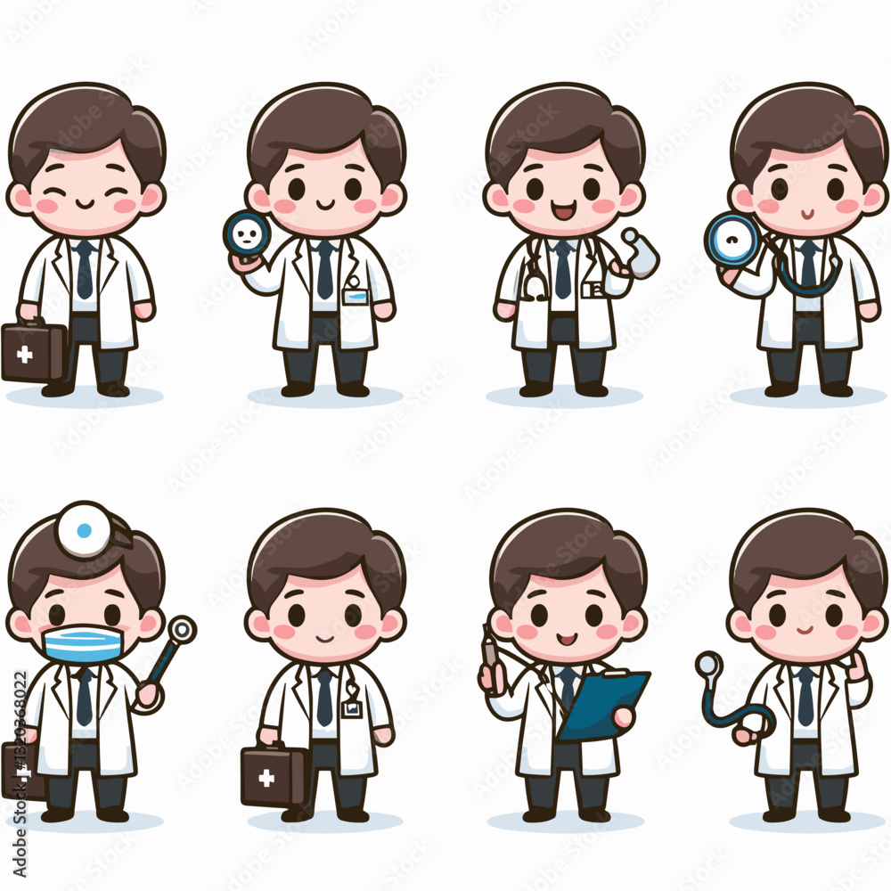 Variety of cheerful cartoon doctors in different poses and with tools Variety of cheerful cartoon doctors in different poses and with tools