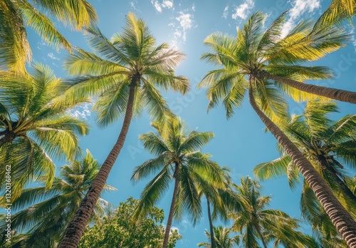 Wallpaper Mural Vibrant Tropical Scene with Tall Palm Trees Against a Bright Blue Sky and Striking Sunlight in a Lush Outdoor Environment Torontodigital.ca