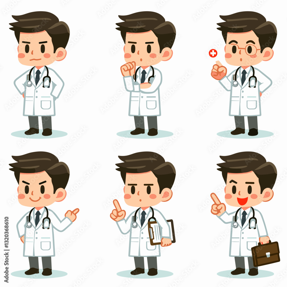 Expressive cartoon doctor showcases array of poses and attitudes collection Expressive cartoon doctor showcases array of poses and attitudes collection
