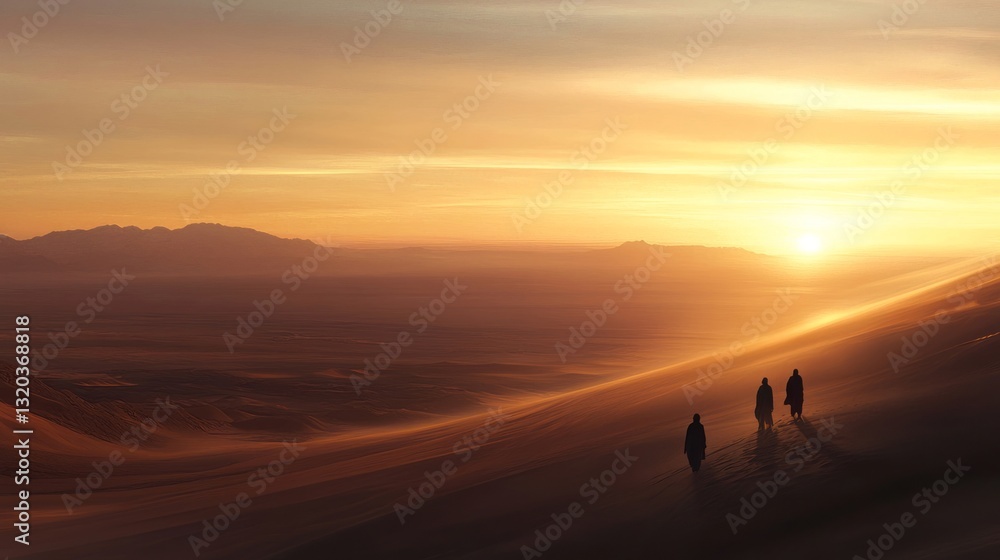 Fototapeta premium a group of people walking in a desert during sunset.