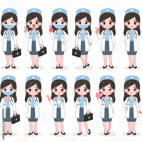 Collection of adorable female doctor characters in various poses and expressions