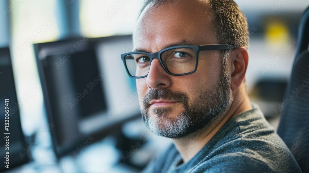 Obraz premium Focused programmer in casual attire, deep in thought, with a dramatic side light. Capturing the essence of concentration and creativity in modern w