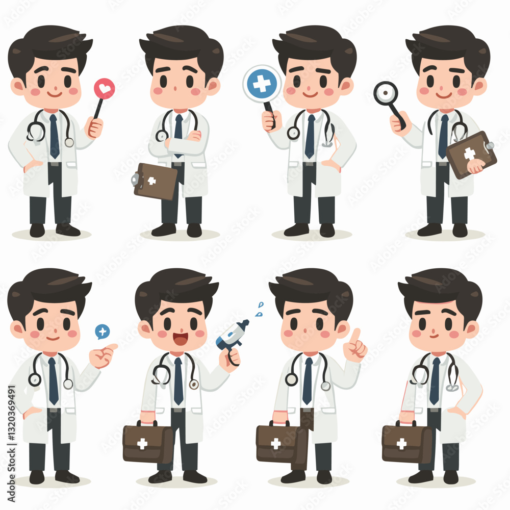 Cute doctor cartoon character in various medical settings and activities Cute doctor cartoon character in various medical settings and activities