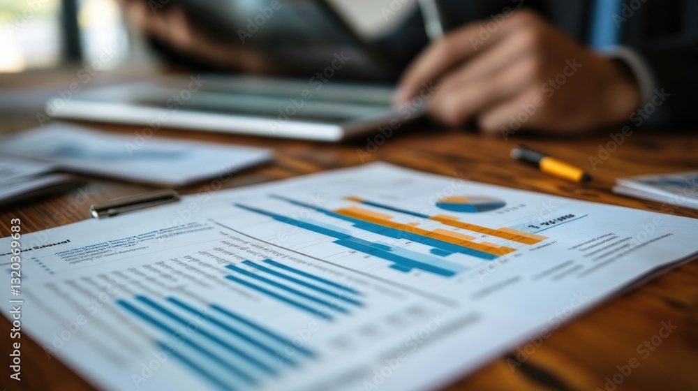 Business professional analyzes data charts and graphs on paper Business professional analyzes data charts and graphs on paper