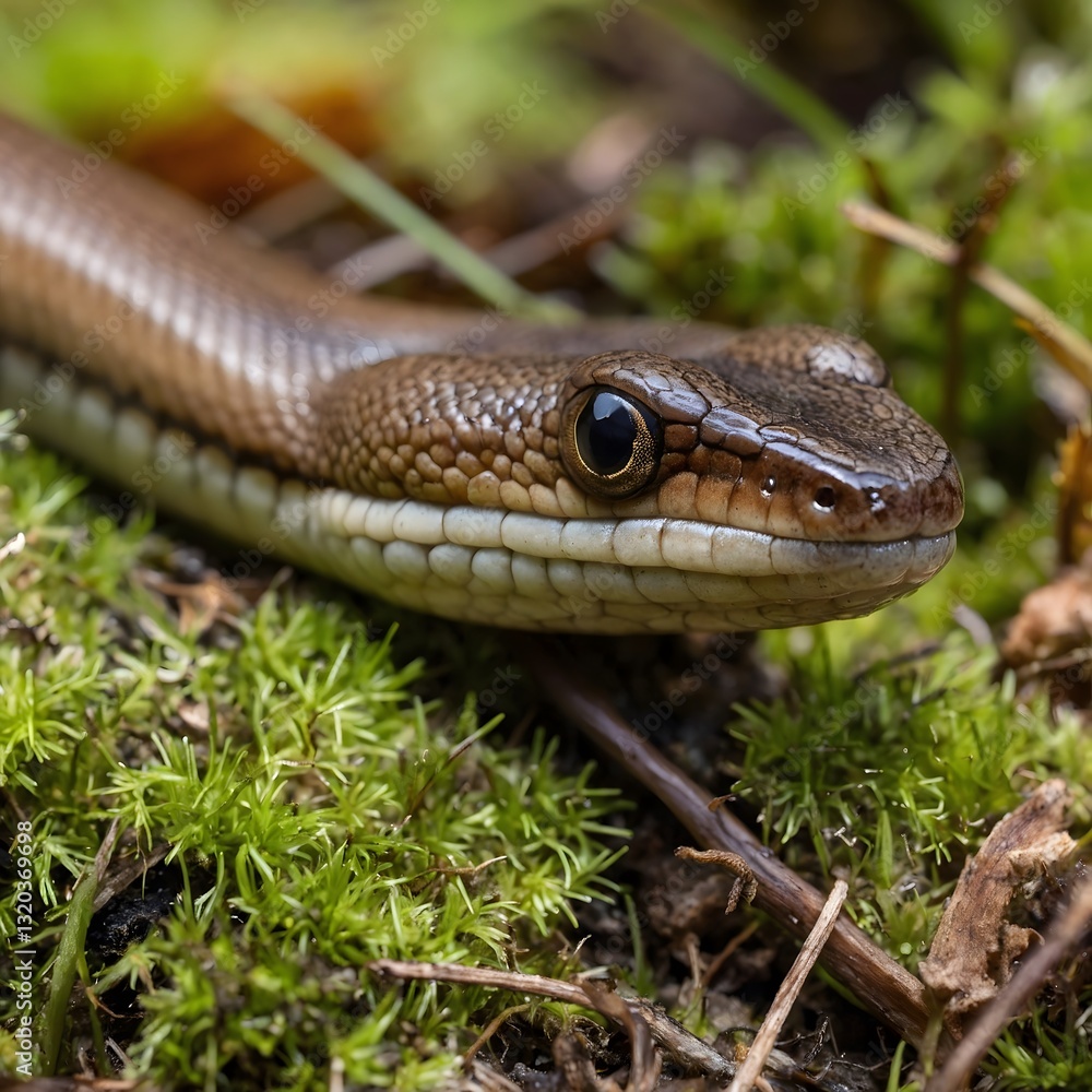 Sunlit Escape: A Slow Worm Peeks from the Moss into the Warm Light Sunlit Escape: A Slow Worm Peeks from the Moss into the Warm Light