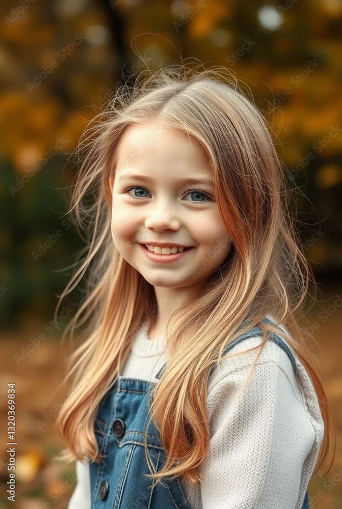 Naklejka premium Smiling Young Girl with Long Hair in Autumn Park Setting