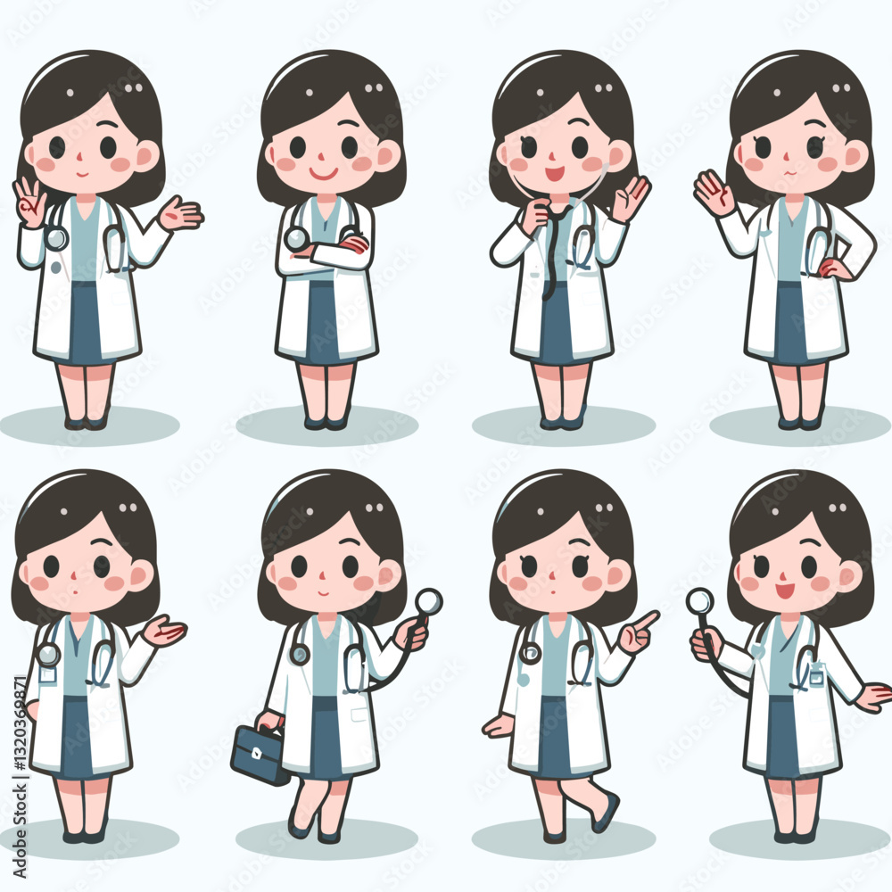 Illustrations of a Cute Cartoon Female Doctor with Different Poses and Gestures Illustrations of a Cute Cartoon Female Doctor with Different Poses and Gestures